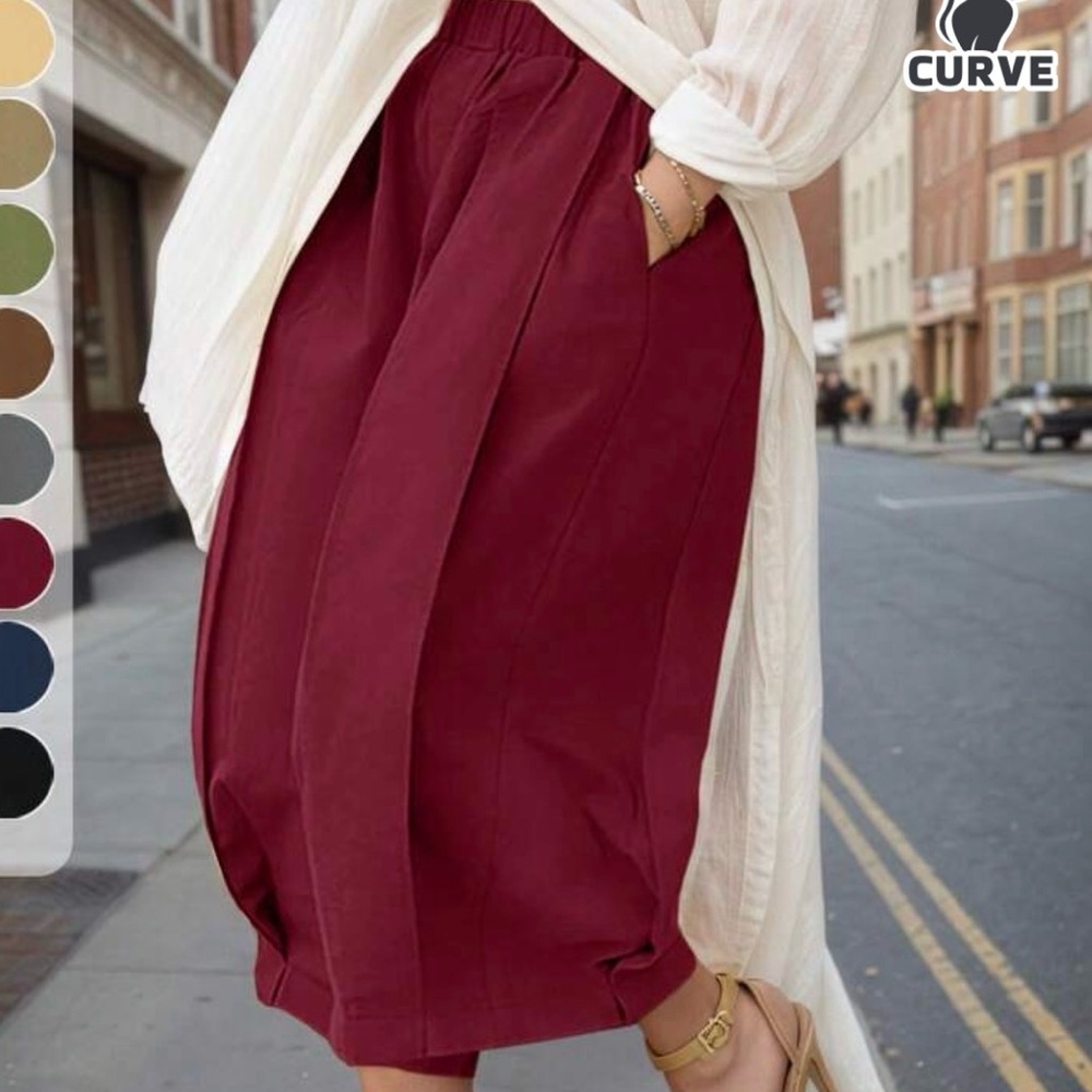 Curve Elastic-Waist Pants in Burgundy